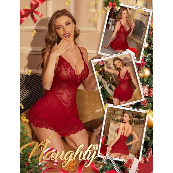 Women Red Lingerie Lace Babydoll Mesh Chemise Sleepwear Bridal Nightdress - Picture 5 of 5